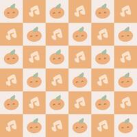 Cute Orange Fruit and Music Note Pattern on Beige and Orange Background. Adorable Orange Fruit and Musical Notes in a Seamless Checkerboard Pattern. vector