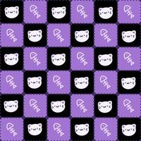 Cute Kawaii Cat and Fishbone Pattern with Purple Background. This adorable pattern features kawaii style cat faces and fishbones set against a purple and black background. vector
