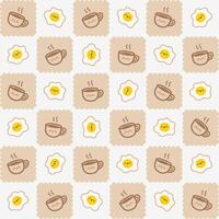Cute Coffee Cup and Egg Pattern with Beige Background. Adorable pattern featuring kawaii style coffee cups and fried eggs on a beige and white background. vector