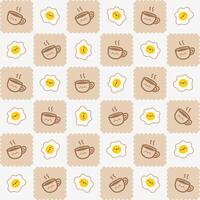 Cute Coffee Cup and Egg Pattern with Beige Background. Adorable pattern featuring kawaii style coffee cups and fried eggs on a beige and white background. vector