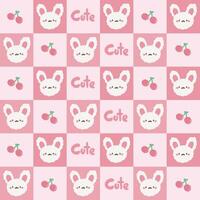 Cute Kawaii Bunny and Cherry Checkerboard Pattern. Cute pattern features a kawaii style checkerboard design with adorable bunny faces and cherries set against a pink background. vector