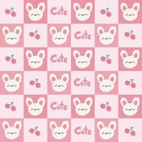 Cute Kawaii Bunny and Cherry Checkerboard Pattern. Cute pattern features a kawaii style checkerboard design with adorable bunny faces and cherries set against a pink background. vector