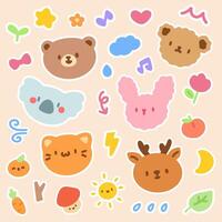 Cute Animal Faces and Nature Elements Sticker Set. Adorable sticker set features kawaii style animal faces and nature elements in a playful and colorful design. vector