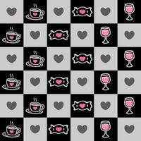 Kawaii Coffee, Candy, Wine, and Heart Pattern on Black and Gray Checkerboard vector