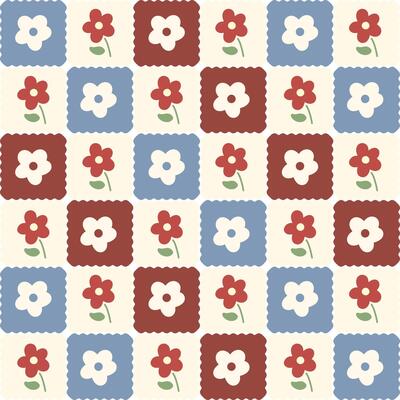 Vintage Floral Checkerboard Pattern with Red and Blue Flowers