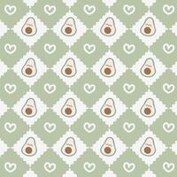 Cute Kawaii Avocado and Heart Diamond Pattern with Green Background. Cute pattern features kawaii style avocados and hearts set against a green background. vector