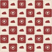 Cute Red Heart and Cloud Pattern with Beige Background. Adorable pattern featuring kawaii style hearts and clouds on a beige and red background. vector