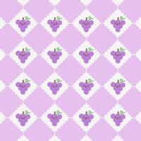 Cute Kawaii Grape Pattern with Violet Background. Adorable pattern featuring kawaii style grape faces on a violet and white background. vector