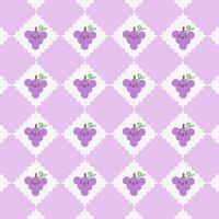 Cute Kawaii Grape Pattern with Violet Background. Adorable pattern featuring kawaii style grape faces on a violet and white background. vector