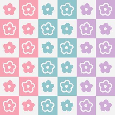Pastel Flower Pattern with Pink, Blue, and Purple Background. Cute design featuring adorable floral motifs in pastel colors.