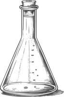 erlenmeyer matraz tubo laboratorio cristalería con grabado estilo negro color solamente vector