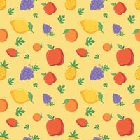 Seamless Fruits Pattern Apple, Lemon, Strawberry, Grape, Pineapple, Orange Hand Drawn vector