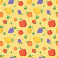 Seamless Fruits Pattern Apple, Lemon, Strawberry, Grape, Pineapple, Orange Hand Drawn vector