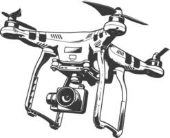 flying drone camera with engraving style black color only vector