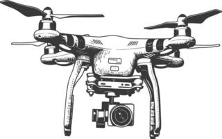 flying drone camera with engraving style black color only vector