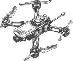 flying drone camera with engraving style black color only vector