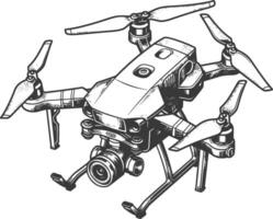 flying drone camera with engraving style black color only vector