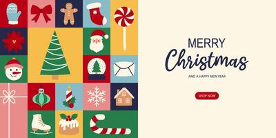 Retro Merry Christmas and Happy New Year abstract geometric landing page template for website. Modern minimalist holiday icons. illustration vector