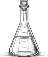 erlenmeyer flask tube laboratory glassware with engraving style black color only vector