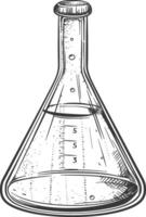 erlenmeyer matraz tubo laboratorio cristalería con grabado estilo negro color solamente vector