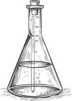 erlenmeyer matraz tubo laboratorio cristalería con grabado estilo negro color solamente vector