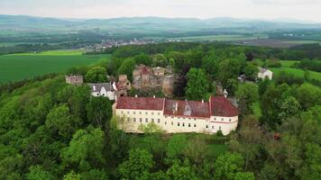Aerial orbiting view of castle and chateau Klenova in Czechia video