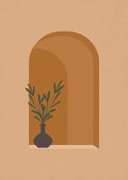 Contemporary textured art print poster with vase in arch. Pottery workshop design. vector