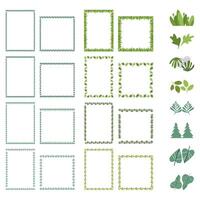 Colorful simple leaves empty frames collection. Decoration elements for childish design. Doodle garden herbs vector
