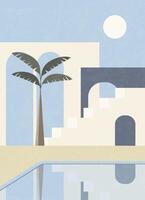 Minimalist cityscape, Moroccan style simple architecture view. Simple staircases, arches, resort place. vector