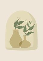 Pottery workshop drawing with vases and branch. Aesthetic illustration with bottle and leaves. vector