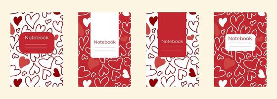 Set of cover designs for notebook, notepad, book, catalog with many hearts.Template for girl and school in red and white colors. Vertical format A4,A5. vector