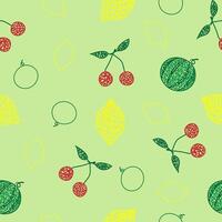 Seamless pattern with hand drawn lemon, cherry, watermelon on green background in childrens naive style. vector