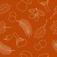 Seamless pattern with maple leaves, acorns, oak leaves, rowan leaves, ceps, mushrooms on brwn background. vector