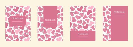 Set of cover designs for notebook, notepad, book, catalog with many hearts.Template for girl and school in pink and white colors. Vertical format A4,A5. vector