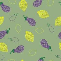 Seamless pattern with hand drawn lemon, eggplant on olive background in childrens naive style. vector