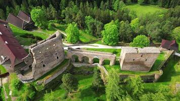 Aerial side view of castle Velhartice in Czechia video