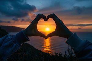 The person's hands are folded in the shape of heart and setting sun is in the center. Beautiful and romantic landscape photo