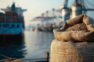 Photo of sack of grain standing on the shore of port. Close-up photo. Ship is visible on the background. Concept of food delivery by sea