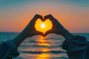 The person's hands are folded in the shape of heart and setting sun is in the center. Beautiful and romantic landscape photo