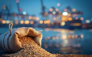 Photo of sack of grain standing on the shore of port. Close-up photo. Ship is visible on the background. Concept of food delivery by sea