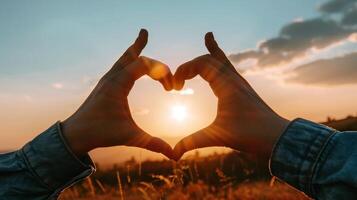 The person's hands are folded in the shape of heart and setting sun is in the center. Beautiful and romantic landscape photo