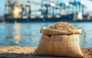 Photo of sack of grain standing on the shore of port. Close-up photo. Ship is visible on the background. Concept of food delivery by sea