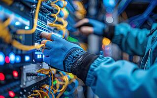 Technician or system administrator with gloves works with patch panels in server room. Close-up photo