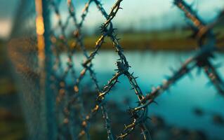 Fence with metal mesh and barbed wire to ensure security on territory. Photo from the side