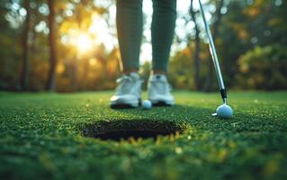 Golf ball lies on the edge of the hole. The photo shows golfer and his club