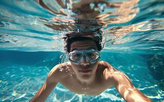 Man in swimming goggles swims underwater in the pool. photo