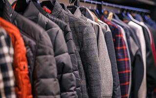 Close-up photo of rack of outerwear in store. Warm clothes on hangers