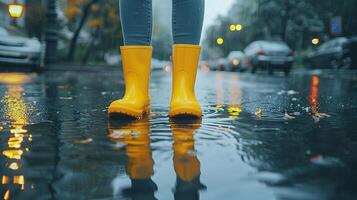 Person's feet are wearing yellow boots. There are large puddles on the city roads after heavy rain. Front photo of legs