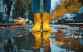 Person's feet are wearing yellow boots. There are large puddles on the city roads after heavy rain. Front photo of legs