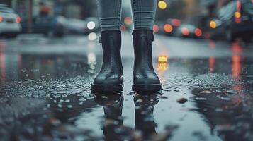 Person's feet are wearing black boots. There are large puddles on the city roads after heavy rain. Front photo of legs